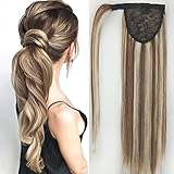RECOOL Ponytail Extension Human Hair Light Brown with Bleach Blonde Wrap Around Clip in Ponytail Hai
