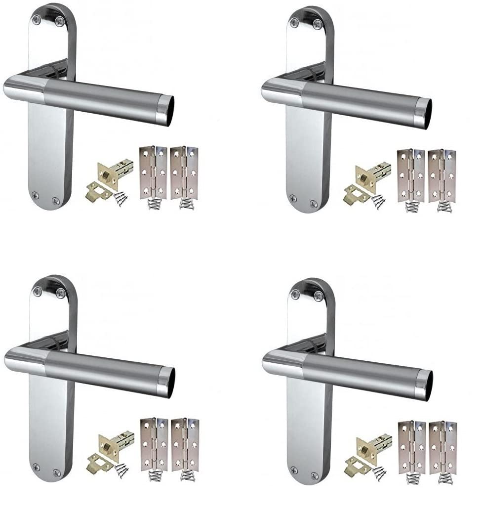 Golden Grace Mitred Door Handle On Backplate Internal Set with Tubular Latch and Hinges in Duo Chrome Satin Finish, 4 Sets - 182mm x 45mm
