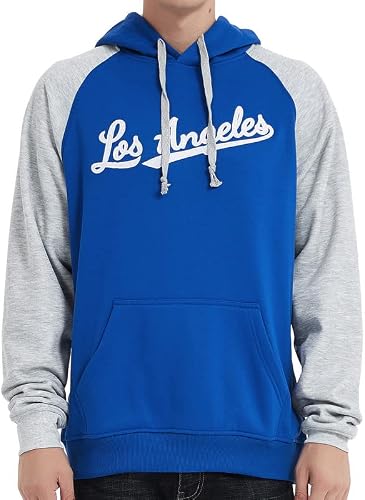DELUSPTOMAY Mens Los Angeles Baseball Team Big Embroidery Hooded Sweatshirt Pullover Casual Hoodie Blue M