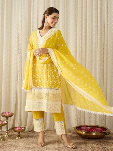 Image of INDO ERA Women Pure Cotton Kurta Set with Dupatta | Festive Suit Set, 10790