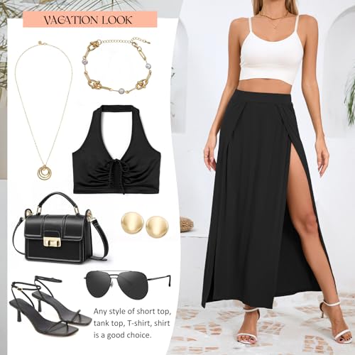 Zando Women's Double Slit Maxi Skirt - High Elastic Waist Flowy Long Split Skirt4