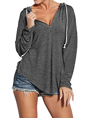 WLLW Womens Long Sleeve Deep V Neck Drawstring Sweatshirt Hoodies Tops Blouse (M, Dark Grey)