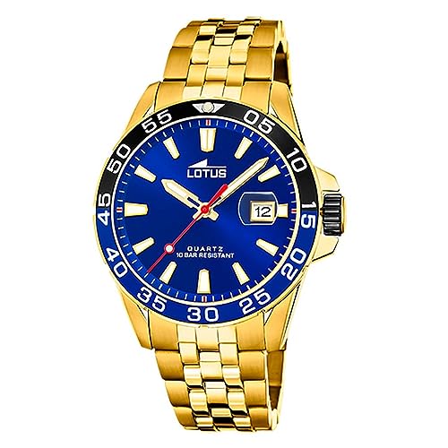 LOTUS Reloj Hombre Analógico de Acero Inoxidable 316l Dorado - Movimiento de Cuarzo - Calendario - Cristal Mineral de Alta Resistencia - Resistente al Agua 10 ATM 18770/1 Special Prices