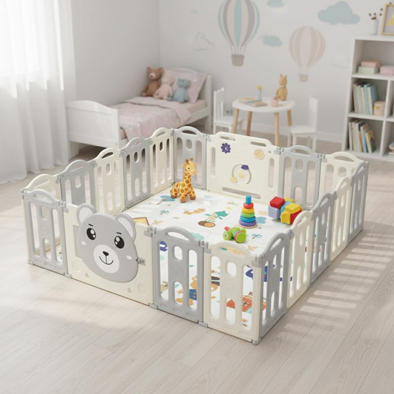Parc Bébé Plastique PL40 GREY, XXL 185x185cm Parc de Jeu Modulable et Pliable avec 16 Panneaux, Éléments d'Activité & Porte, Barrière de Sécurité Enfant Intérieur Extérieur, Gris
