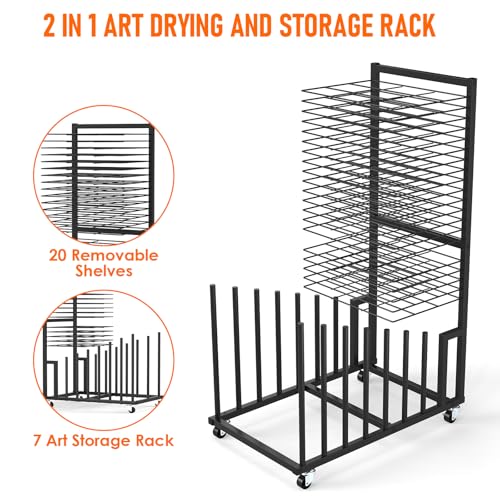 Image of jxgzyy Art Storage Rack 2 in 1 Metal Canvas Storage Racks with Wheels Art Drying Rack with 20 Removable Shelves 1 inch Apart Painting Display Stand for Canvas Drawing Board Artworks Drying