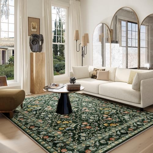 Image of Vintage Botanical Dark Green Area Rug 6x9 Elegant Floral Pattern, Durable Stain-Resistant Fabric, Perfect for Living Room, Bedroom, Dining Room Decor