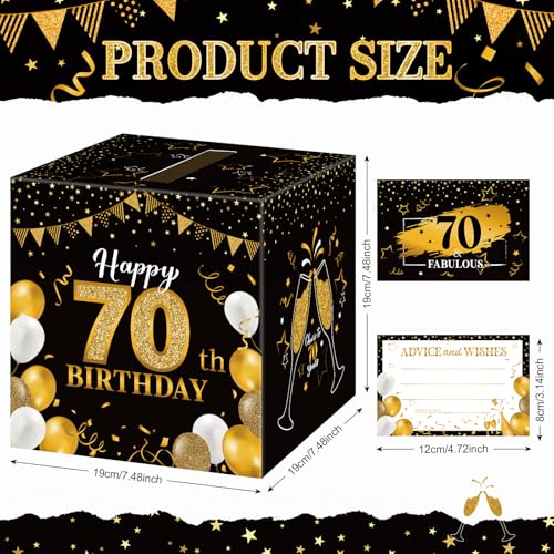 Image of Funrous 70th Birthday Party Message Card Box Cheers to 70 Years Black Gold Advice and Wishes Greeting Card Box for Men Women Birthday Decorations Party Supplies Anniversary Tables Sign Decor