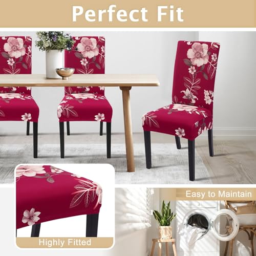 Image of SearchI Dining Room Chair Covers Slipcovers Set of 4, Spandex Super Fit Stretch Removable Washable Kitchen Parsons Chair Covers Protector for Dining Room,Hotel,Ceremony,Red+Flowers
