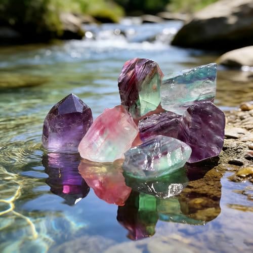 Image of 2 LBS Rough Rocks for Tumbling, Unpolished 1.2-2.5 Inch Rock Tumbler Stones, Raw Rainbow Fluorite Healing Stones for Wire Wrapping, Wicca Reiki, Meditation, Collection, Decoration