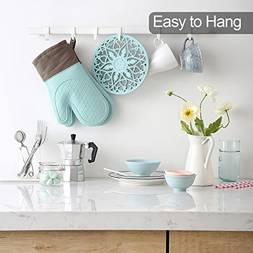 Domonic Home Oven Mitts and Pot Holders Sets, Silicone Heat Resistant 600F, Soft Lining Good Grip, Oven Gloves and Trivet Mats 4 Piece Set, Aqua Sky