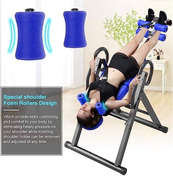 Close-up of the special shoulder foam rollers on the BFDIEEM Inversion Table, designed for comfort.