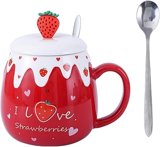 Taza de cerámica con tapa de 450 ml, diseño de fresa, para parejas, hogar, oficina, desayuno, café, leche, color rojo