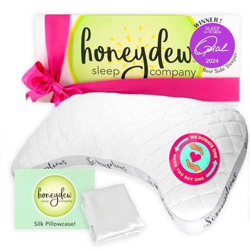 Image of Honeydew Scrumptious Side Pillow + Silk Pillowcase Gift Pack- Adjustable Support for Neck & Shoulder Pain Relief- Made in USA- Pillow and Pillowcase Set (King Size)