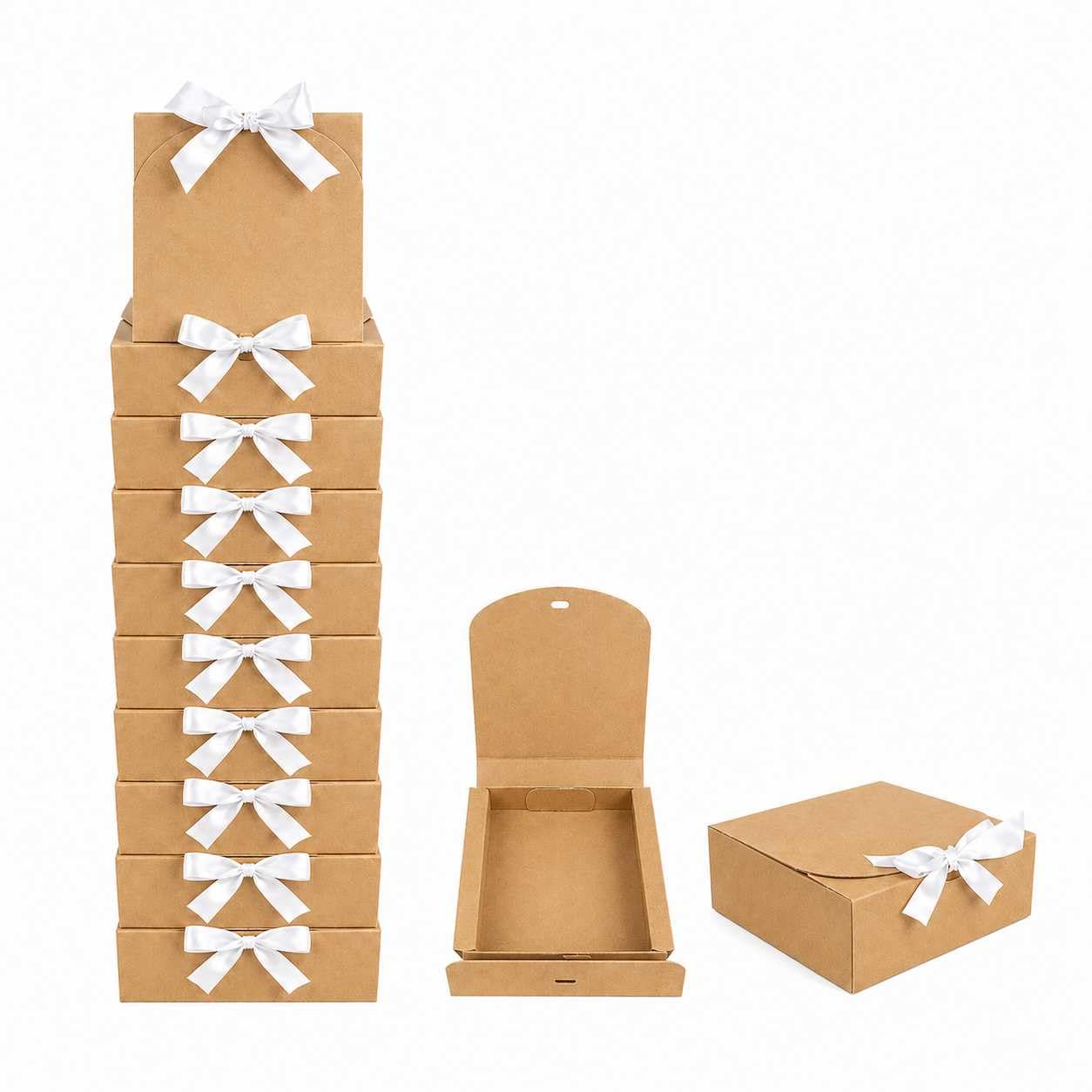 Emartbuy Pack of 12 Brown Kraft Gift Box with Ivory Ribbon 16.5x16.5x5 cm