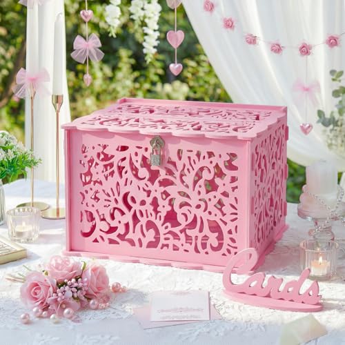 Image of Pink Wedding Card Box with Lock, PVC Gift Card Box for Wedding Reception Decorations, Exquisite DIY Money Envelope Card Box for Party Graduation Birthday Baby Shower Wedding Decor