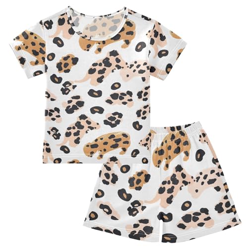 ALAZA Leopard Animal White Pajamas Short Sleeve 2 Piece Sleepwear Top and Bottom Pajama Set Unisex