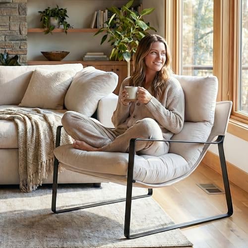 LukeAlon Modern Linen Accent Armchair, Upholstered Soft Living Room Chair with Metal Base Removable Thickened Cushion Single Sofa Chair Comfy Lounge Chair for Bedroom Living Room, White