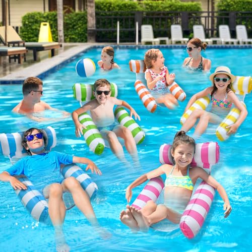 Pool Floats Kids, Meegoo 2 Pack Pool Lounge Chairs 3 Tubes Floaties Water Hammock Inflatable Pool Toys for Kids Ages 8-12 for Summer Party Beach Vacation Essentials (Blue Rose Red
