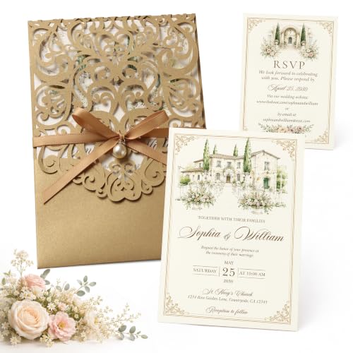 50 Laser Cut Personalized Wedding Invitations with RSVP Champagne Gold