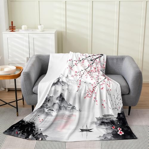 Feelyou Japanese Ukiyoe Theme All Season,Bed Blanket for Sofa Couch Queen 90\"x90\" Cherry Blossoms Plush Throw Blanket, Ultra Soft Fuji Mountain Flannel Fleece Blanket Sunset Room Decor Floral