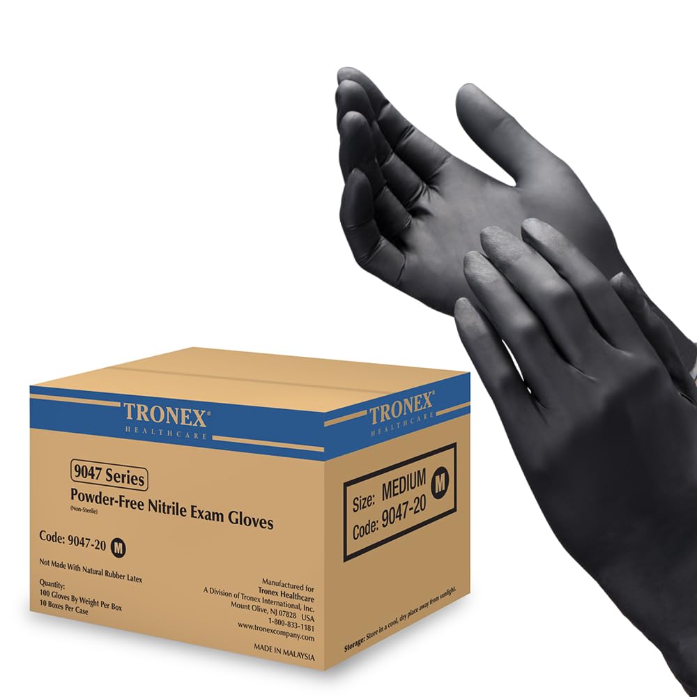 TRONEX 9047 Black 5 Mil Nitrile Exam Gloves, XXL XL S M L 2XL Black Examination Disposable Gloves