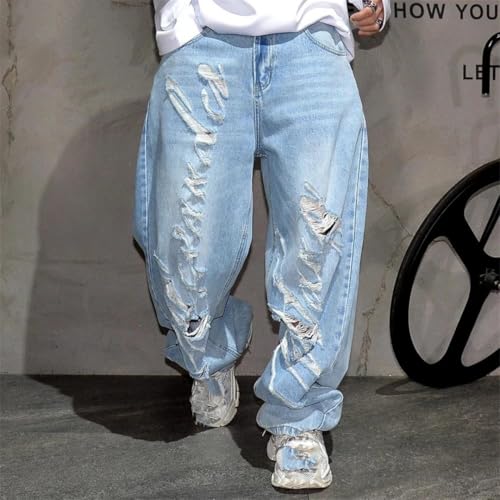 Men’S Hip Hop Baggy Straight Cotton Pants Button Fly Light Distressed Vintage Wash Ripped Streetwear Full Length Jeans2