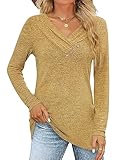 FMEYOA Women's Fall Long Sleeve Tunic Tops for Leggings V Neck Button Casual Blouse Sweatshirt(Yellow,X-Large)