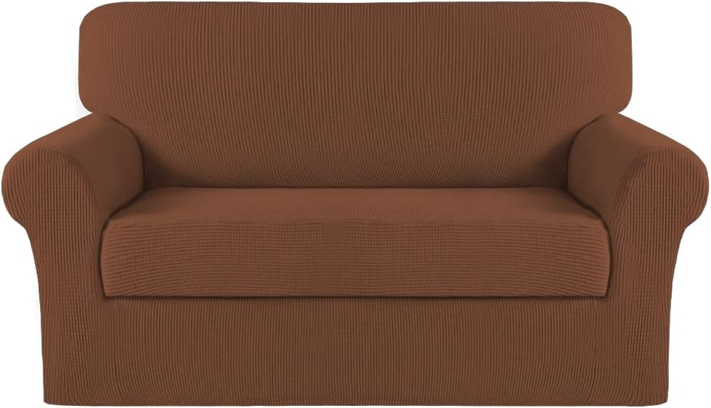 Turquoize Stretch Sofa Slipcover 2 Pieces Sofa Cover Couch Cover for 2 Cushion Couch Washable Furniture Protector Covers with Elastic Bottom Feature Thick Jacquard Fabric (Loveseat, Caramel)