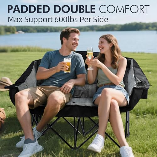 Image of Double Camping Chair Loveseat -2 Person Oversized Padded Outdoor Camp Couch