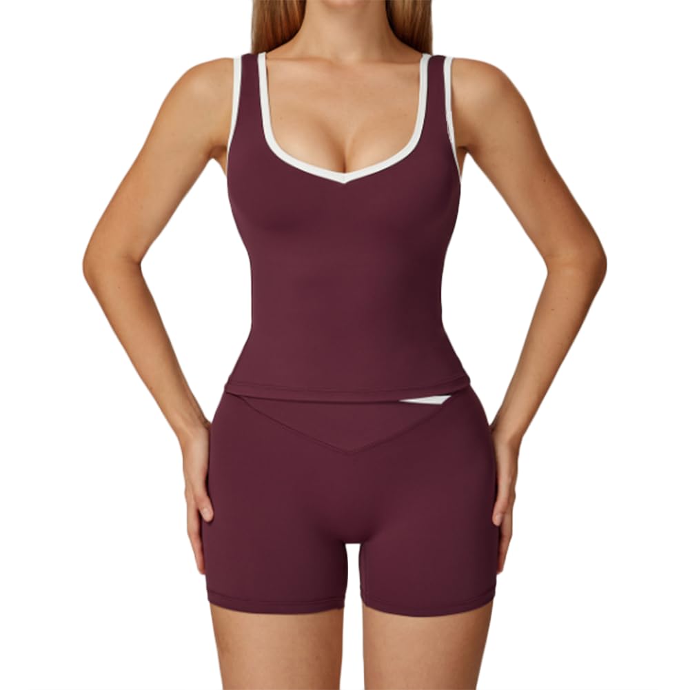 XYFfybhsd Mujer Sujetador Deportivo+ Pantalones Cortos Ocultos, para gimnasio, yoga (Size:M,Color:Red)