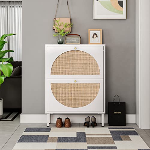 Zehuoge Natural Rattan Shoe Cabinet With 2 Flip Drawers, 2-Tier White Shoe Rack Storage Cabinet For Modern Heels, Boots, Slippers, Free Standing Shoe Rack, Entrance Hallway (White) #TOP1