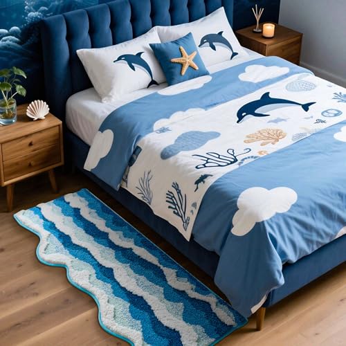 3D Ocean Wave Bedside Rug Blue 21x50 Inch, Soft and Absorbent Tufted Bathroom Runner Rug Non Slip Washable, Coastal Nautical Beach Decor for Bathroom Bedroom Indoor Mat - Image 4
