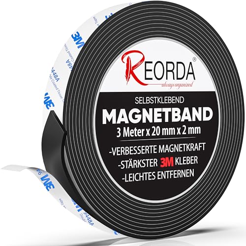 REORDA® Magnetband selbstklebend stark - Magnetstreifen selbstklebend mit starkem 3M Kleber - Magnetklebeband mit optimierter Magnetkraft - Magnet Klebeband