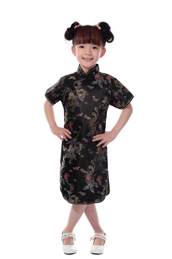 Acvip Girls Black Jtc Kids Dragon Phoenix Short Sleeve Chinese Party Dress Qipao Children Cheongsam (4-Suggest Age 2-3 Years, )