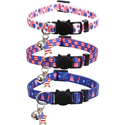3 Pack American Flag Cat Collar with Bell Breakaway Adjustable for 4th of July Independence Day