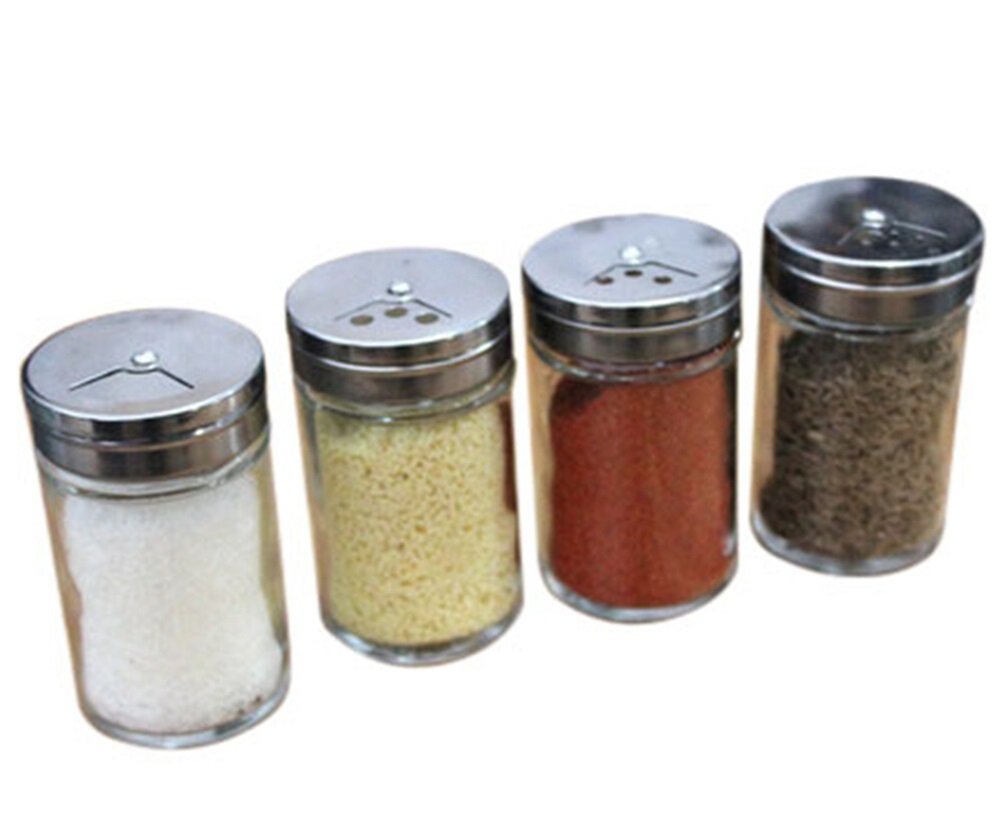 Drasawee Set Of 4 Glass Spice Bottles Condiment Seasoning Container Round