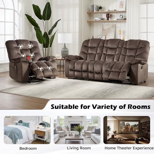 Image of HAOMARKETS 3 Pieces Recliner Sofa Furniture Set, Include a Power Recliner Chair with Message&Heat and 2 3-Seater Reclining Couches for Living Room, Brown