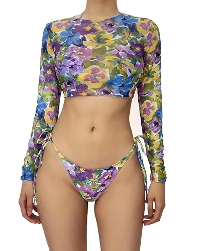 Women's Long Sleeve Top Mesh Flower Pattern 3 Piece Swimwear Halter Triangle Bikini Set Tie Side Knot Swimsuit with Cover Up