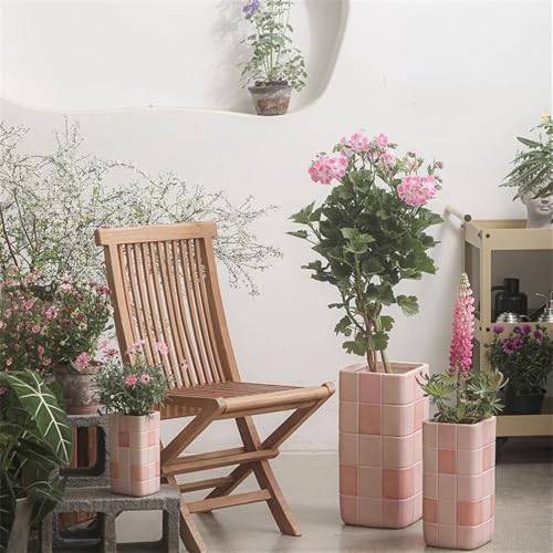 Pots de jardin rectangles roses à carreaux en argile taille M - 7