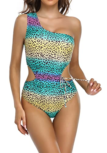 SHEKINI Traje de baño Una Pieza para Mujer Un Hombro Asimétrico Bandeua Bañador Cut out Ajustables Ropa de Playa(S,Estampado de Leopardo)