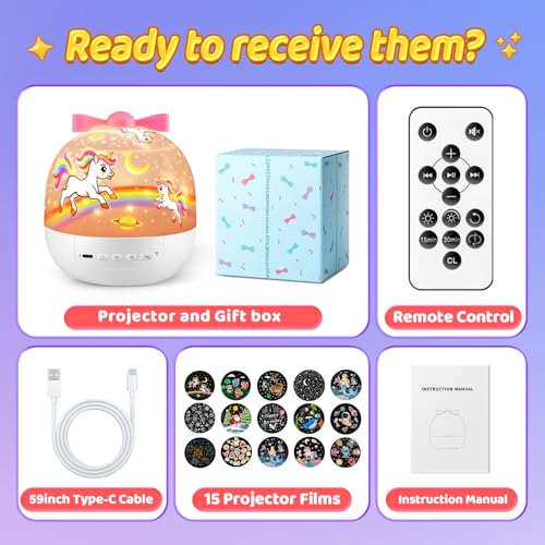 Image of PIKOY Night Light for Kids, 15 Films+15 Sound Machine for Kids Projector Light, 360 Rotation Princess Night Light Projector for Kids Room,Remote+Rechargeable Unicorn Lamp,Unicorn Gifts for Girls Toys