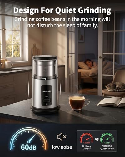 Image of SHARDOR Quiet Coffee Grinder Electric, 70g Removable Bowl Spice Grinder for Coffee Beans, Seeds and Grains, Super Silent Grinding Mill with 60dB Low Noise, 2.5oz Capacity, Silver