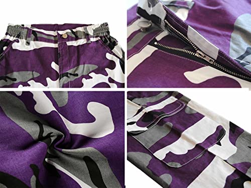Zodlls Women's Camo Pants Cargo Trousers Cool Camouflage Pants Elastic Waist Casual Multi Jogger Pants With Pocket Purple Camo-Xl #TOP2