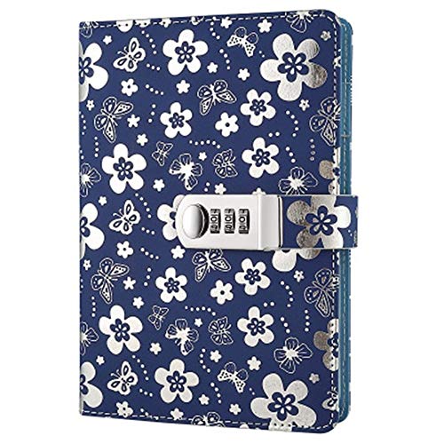 koboome Notebook with Password Lock, A5 Size PU Leather Combination Lock Diary Student Diary Book Business Office Notepad (Silver)