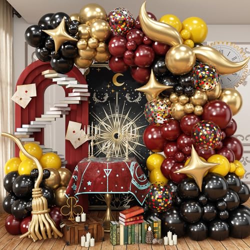 HILAVO Kit de guirlande de ballons d'école Magical Wizard - Bordeaux, Marrons, Noirs métallisés - Arche de ballons à confettis dorés et dorés - Ballons en aluminium pour décoration de fête
