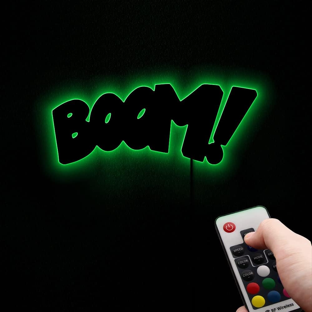 The Geeky Days Boom Sign Acrylic Wall LED Lighting Mirror Lamp for Home Bar LED Backlight Burst Bubble Lamp Remote Control Multi Color Lighted Wall Sign Home Party Office Decor