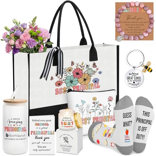 Aliceset 8 Pcs Principal Appreciation Gifts for Women Canvas Tote Bag Tumbler Keychain Makeup Bag Bracelet Greeting Card Scented Candle Socks for School Principal Day Birthday Retirement Graduation