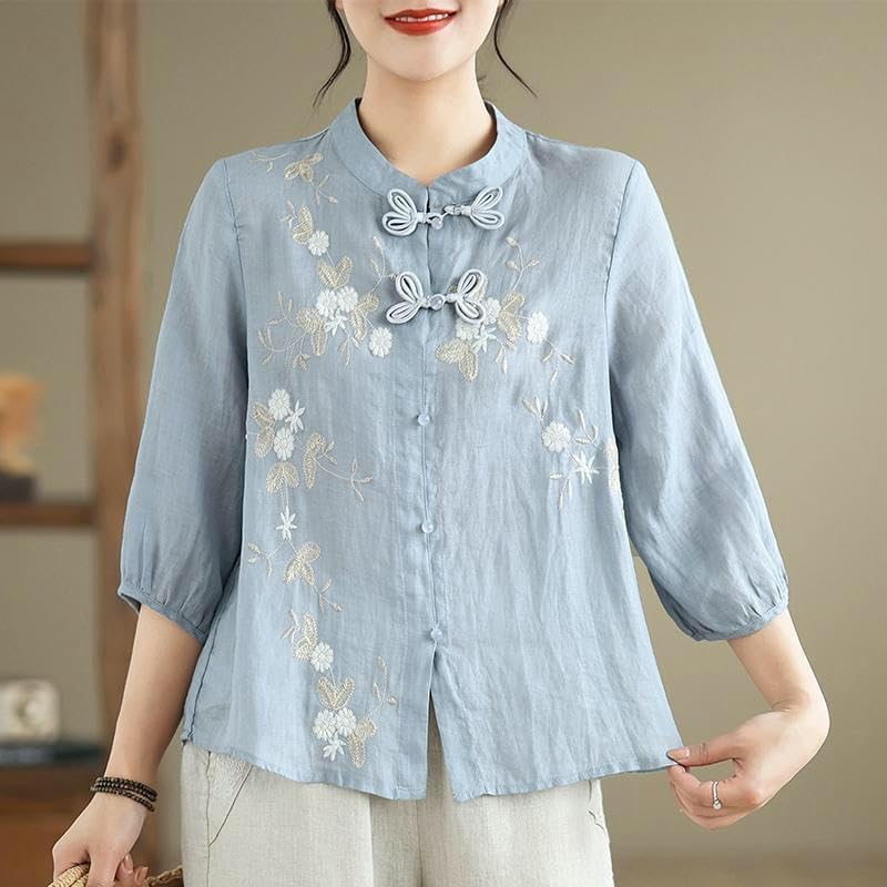 Women's Collar Frog Button Top Retro Heavy Embroidered Blouse Summer 3/4 Sleeve Cotton Linen Top