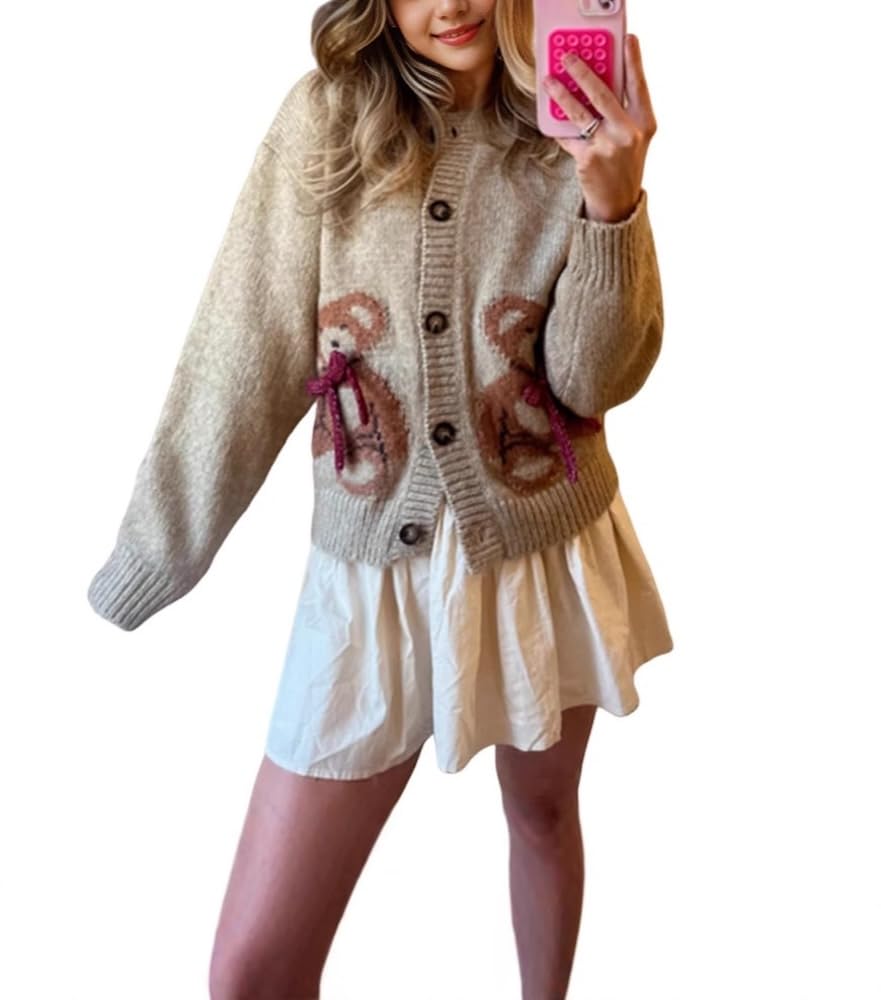 Y2k Chunky Cardigan Sweaters Women Button Down Bear Knit Sweater Tops Long Sleeve Crewneck Cute Kawaii