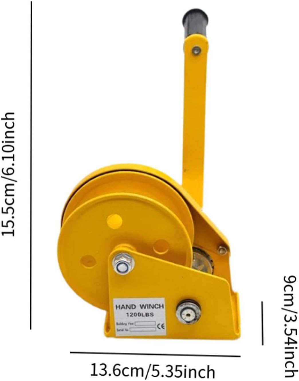 Hand Winch with Rubber Handle 1200LB Capacity Yellow Towing Winch for Trailers Marine UTV Boat